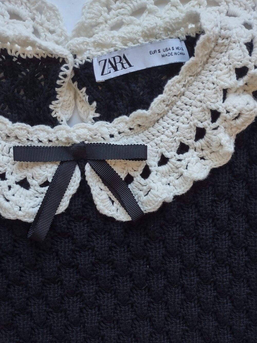ZARA Knit Peter Pan Collar Top Size Small Black & White Puff Sleeve Femme Preppy - Picture 8 of 11